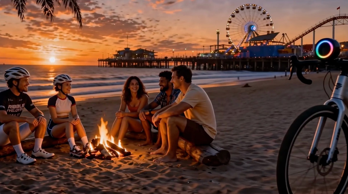 Beach campfire gathering at sunset