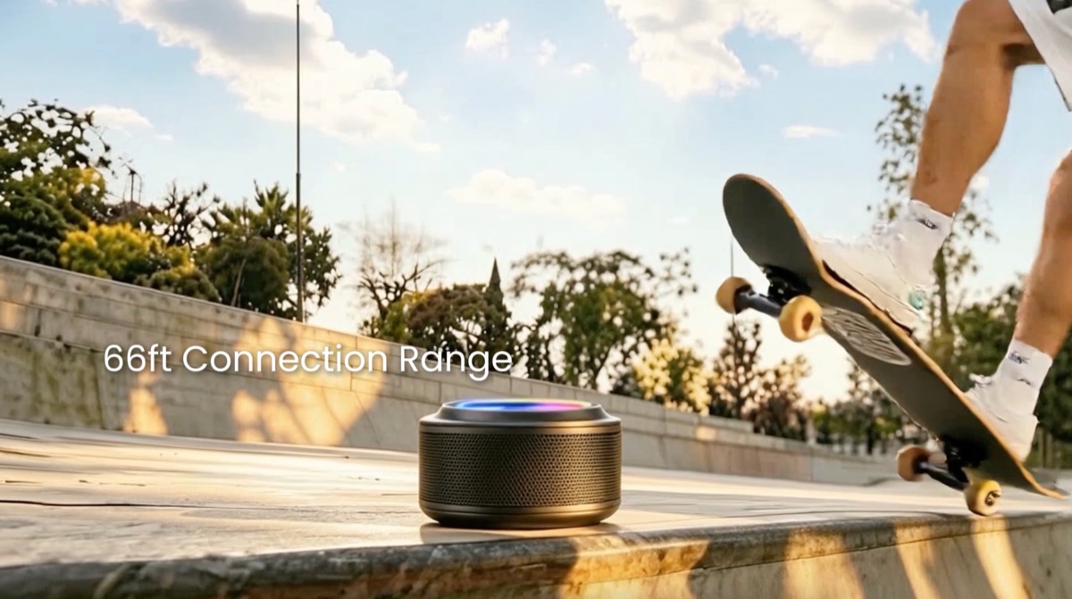 Speaker at skatepark with feature overlay